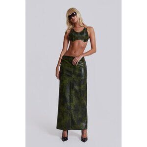 Woman Midi Skirt Straight Medium Green Faux Leather Lace-Up Strap Back High Slit